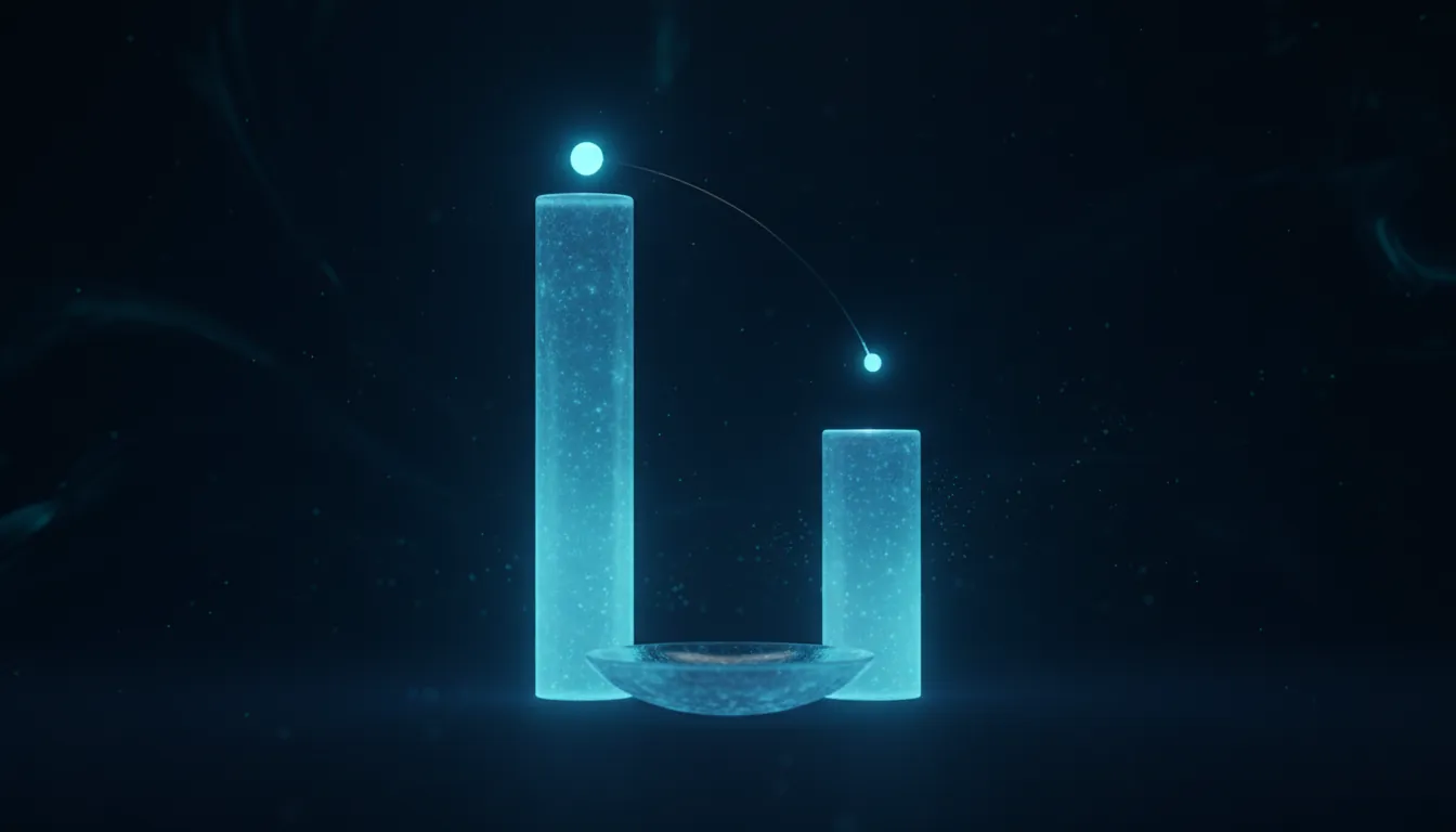 Two glowing glass columns of different heights with a shallow glass dish between them, and a small sphere of light arcing from the taller column to the shorter one